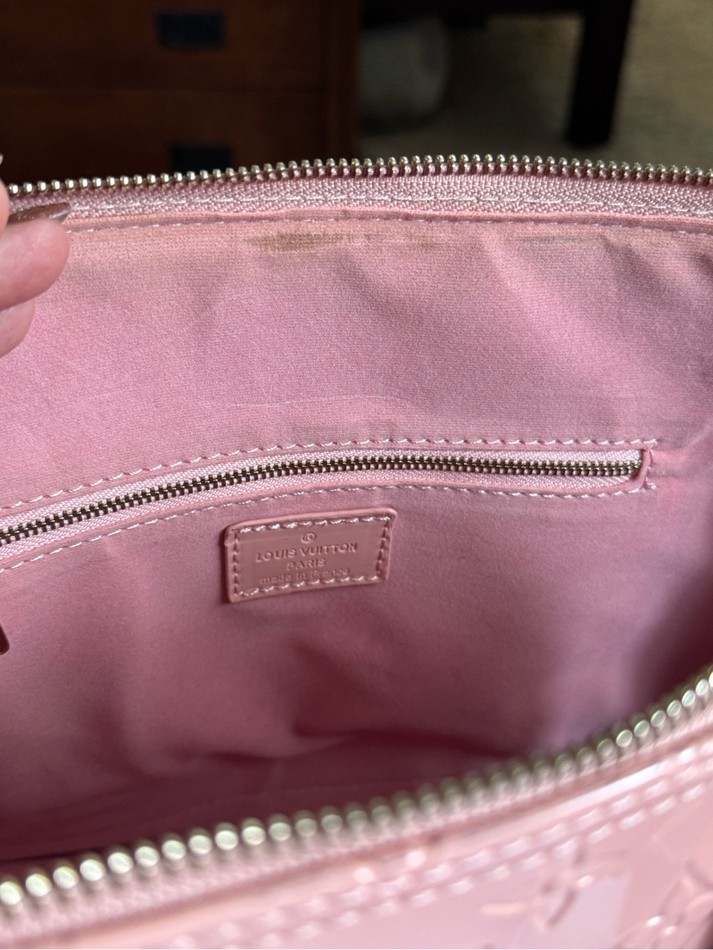 Pink Patent Monogram Satchel with Gold-Tone Hardware- fun bag! - Picture 4 of 7